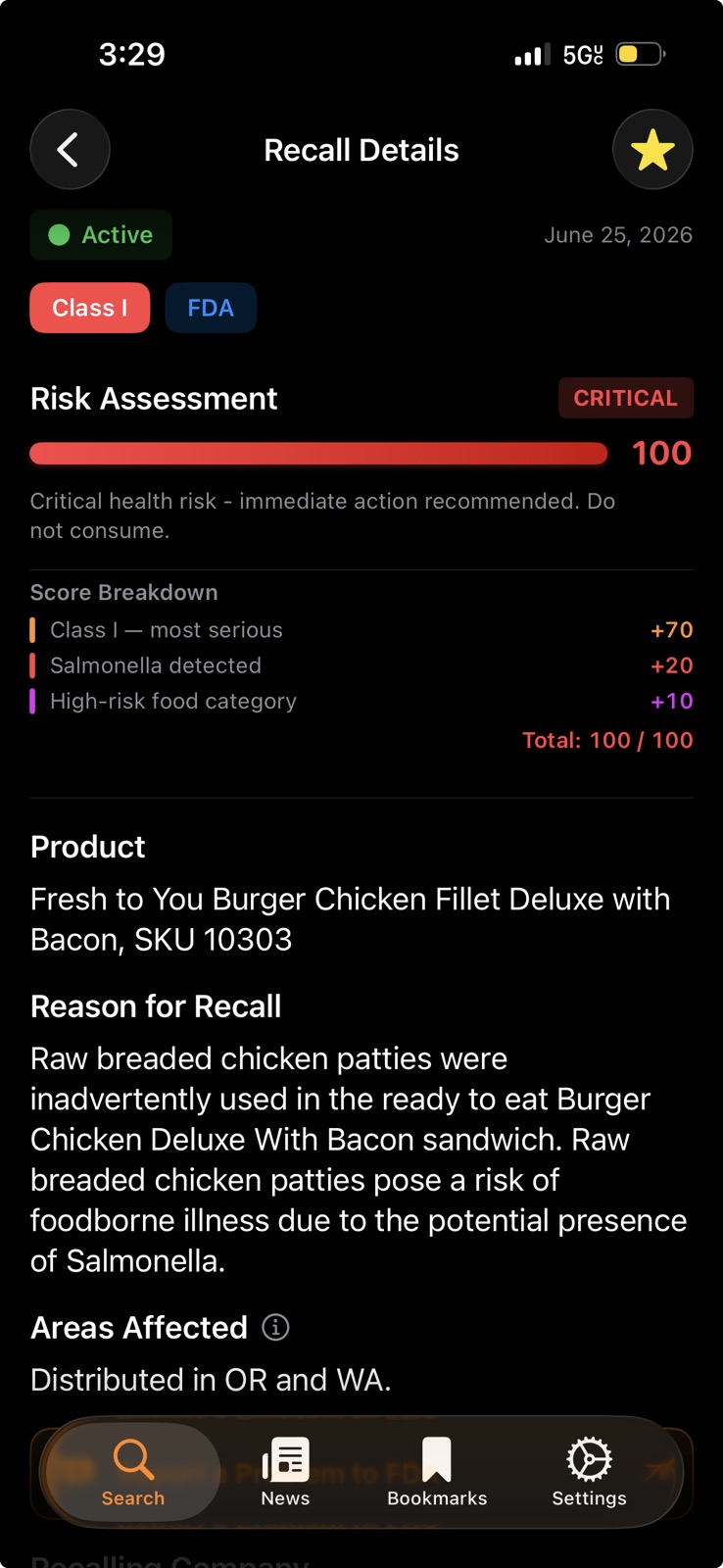 Health Recall Risk Assessment Screen