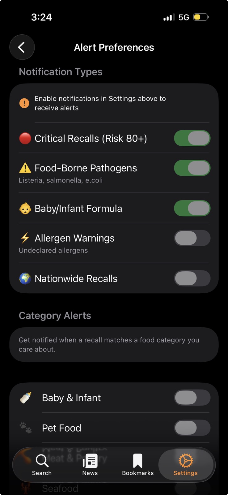 Health Recall Push Alert Preferences