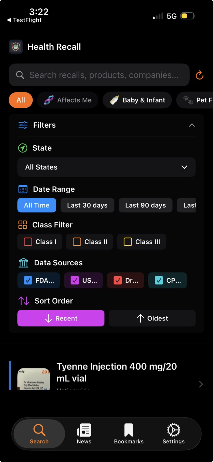 Health Recall Advanced Filtering Screen
