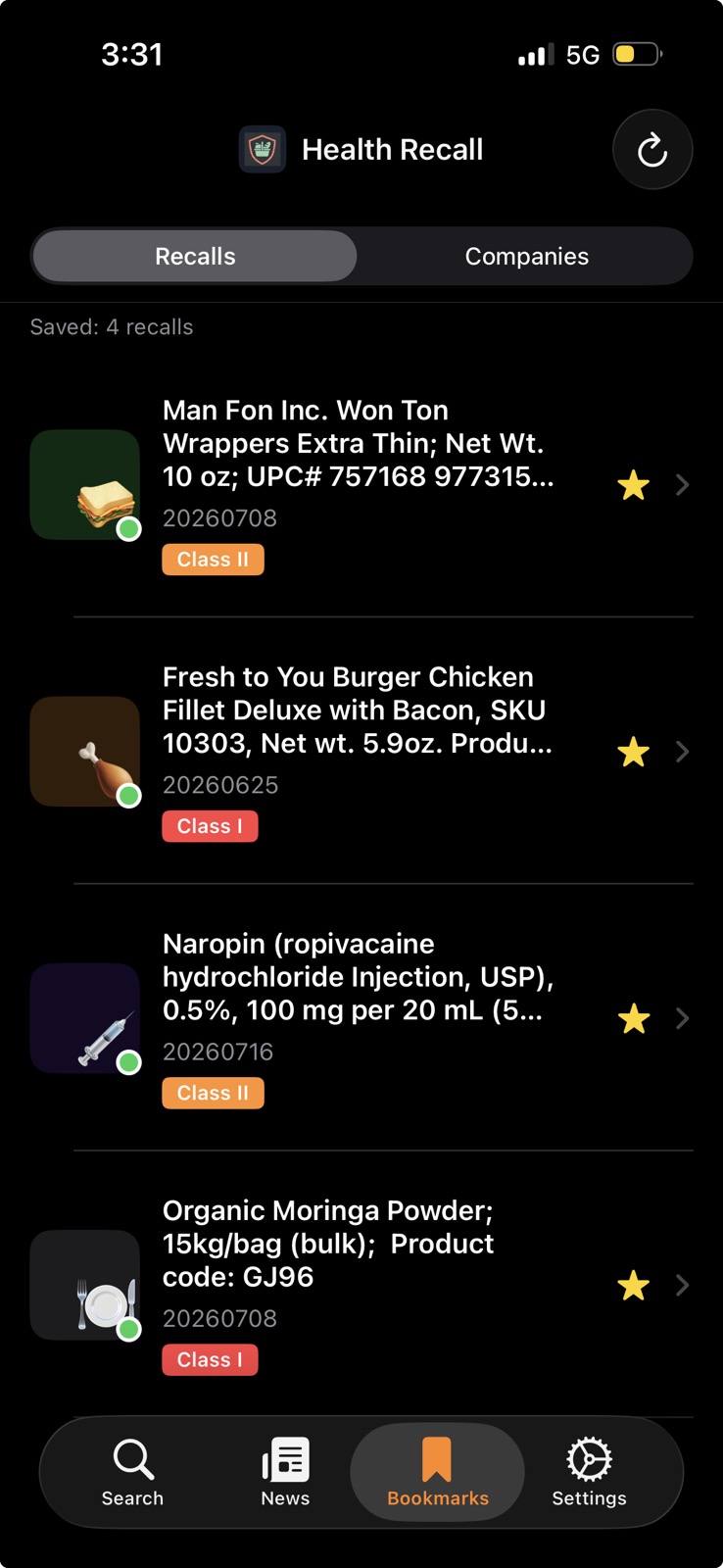 Health Recall Bookmarks & Saved Alerts
